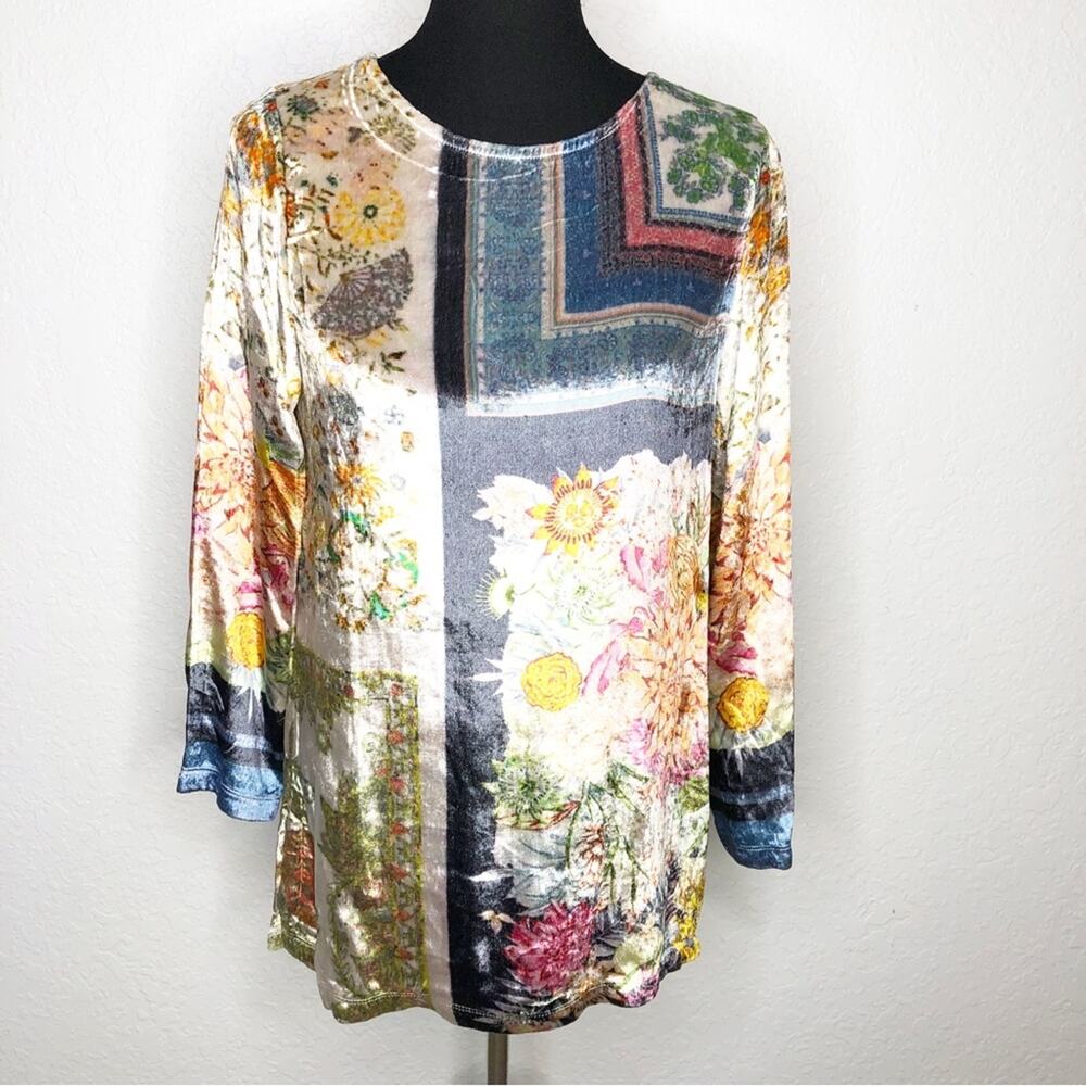 Soft Surroundings blue cream pink‎ floral velvet long sleeve tunic top size XS